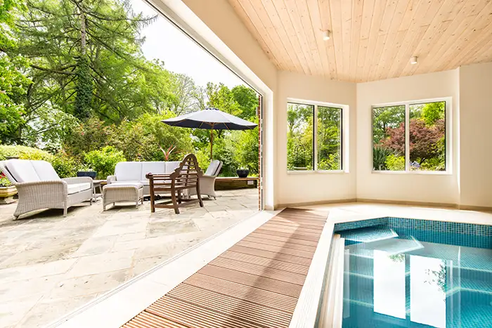 Moving Floor Pool Looking out from the inside of a pool house