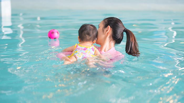 Mother and child swimming in pool